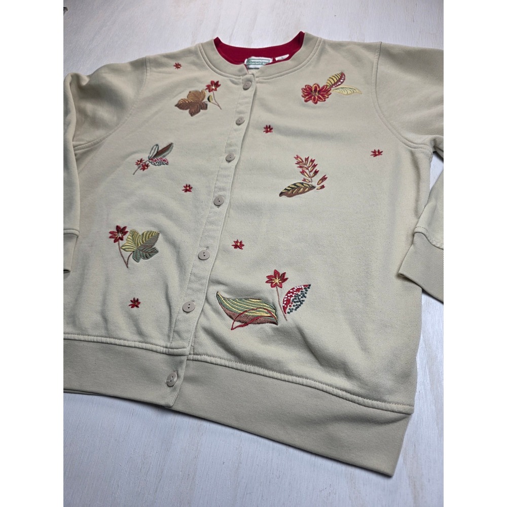 Shenanigans Embroidered Floral Sweatshirt Cardigan Tan Red Grannycore Large